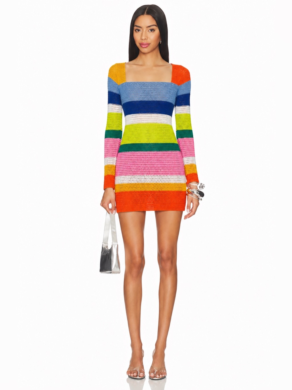 Y2K Colorful Rainbow Crochet Swim Cover Up Resortwear Beach Boho Mini Dress 📐S